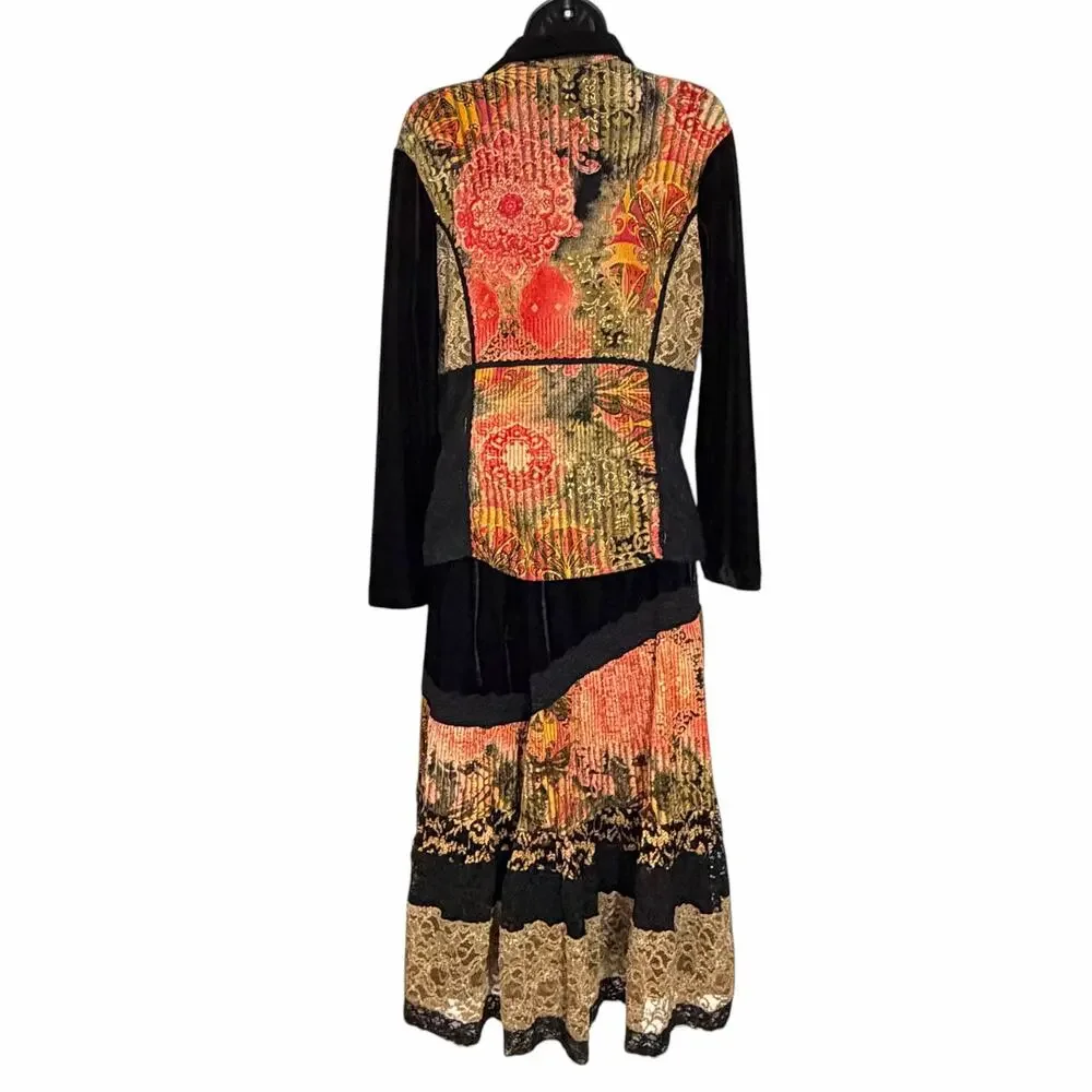 Vtg 90s Coldwater Creek Velvet Patchwork Skirt Suit Set Lace Art To Wear S PM